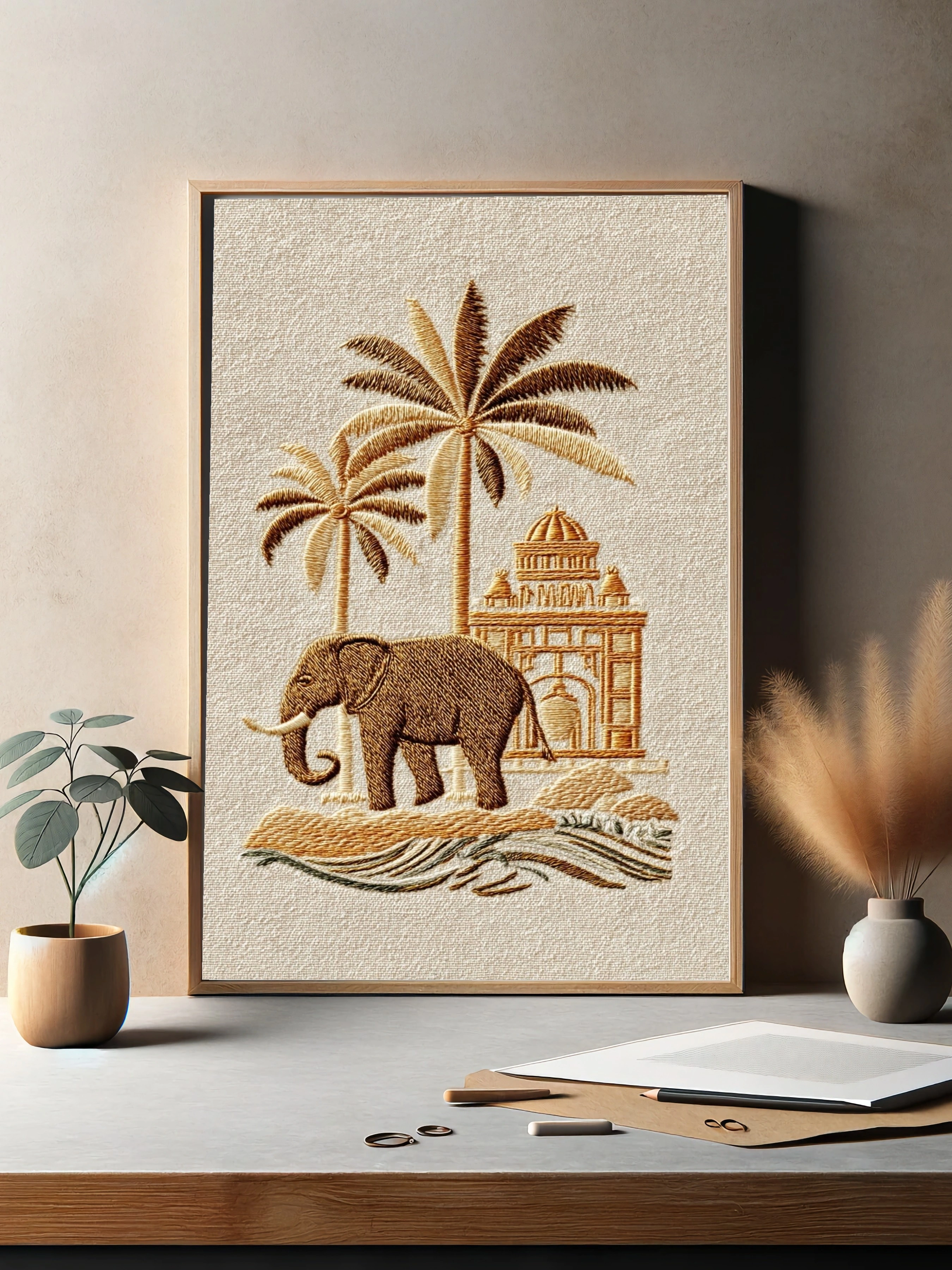 Элегантный вышитый слон на фоне пальм - 3