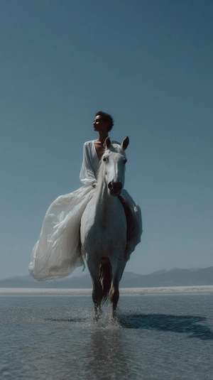 Элегантная женщина на белом коне у моря - 1