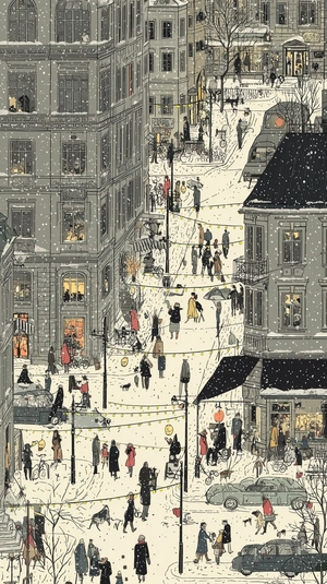 Зимний городской пейзаж с людьми и огнями - 1