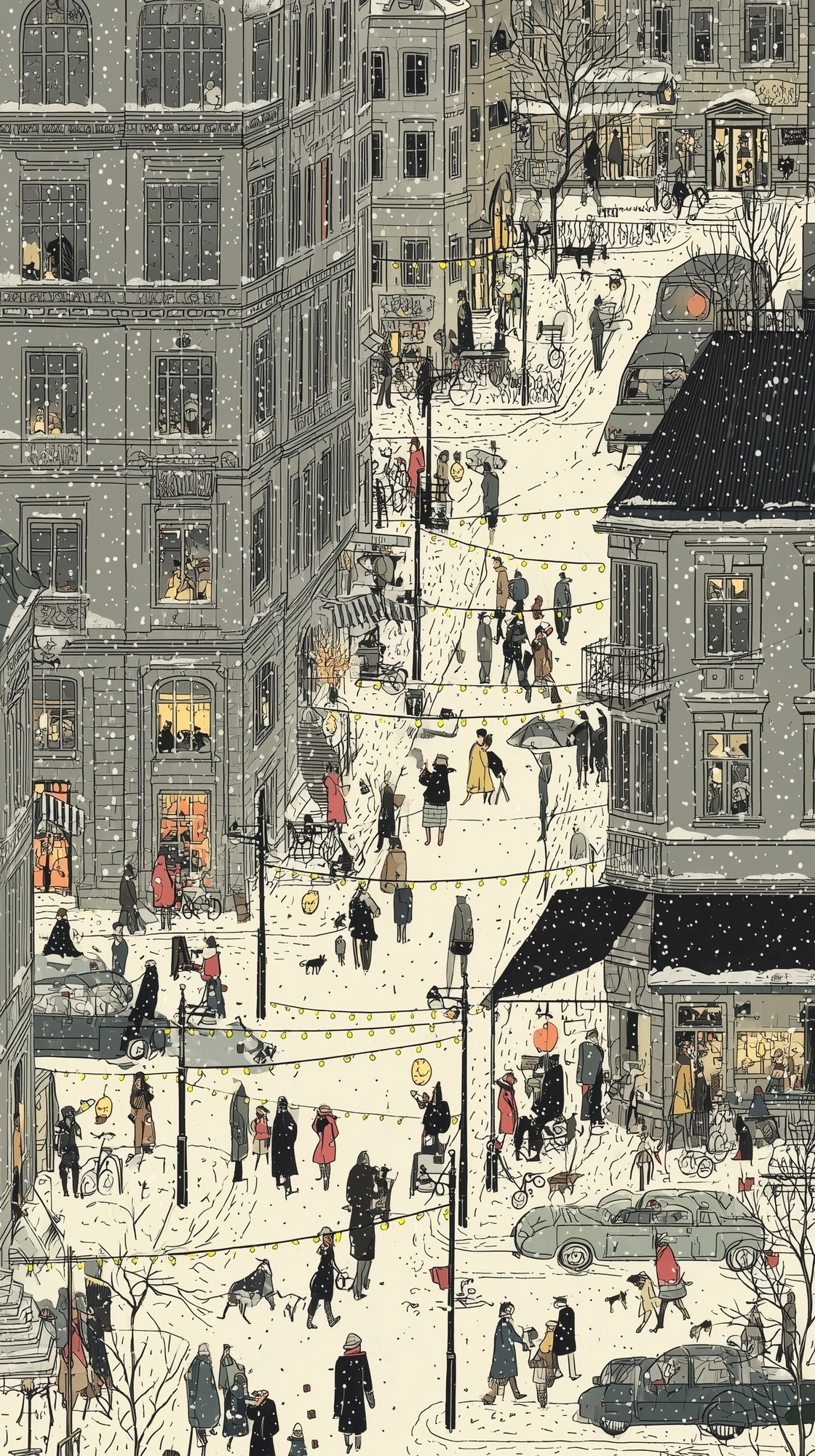 Зимний городской пейзаж с людьми и огнями - 1