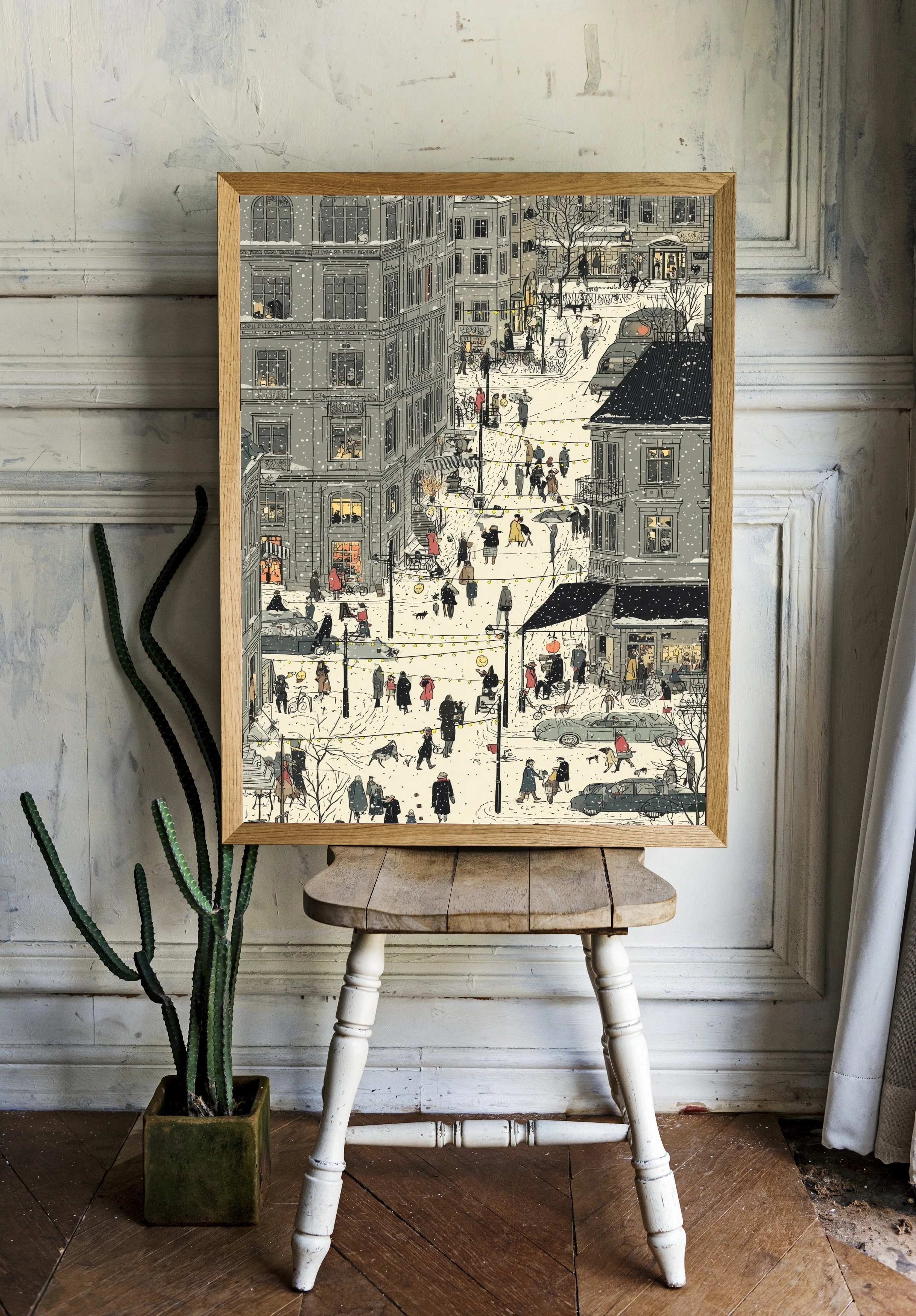 Зимний городской пейзаж с людьми и огнями - 2