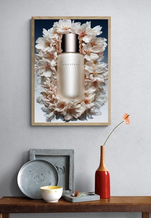 Элегантный флакон парфюма среди цветущих цветов - 4