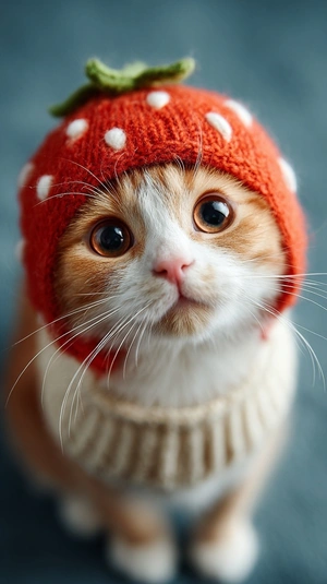 Очаровательный котенок в клубничной шапке - 1