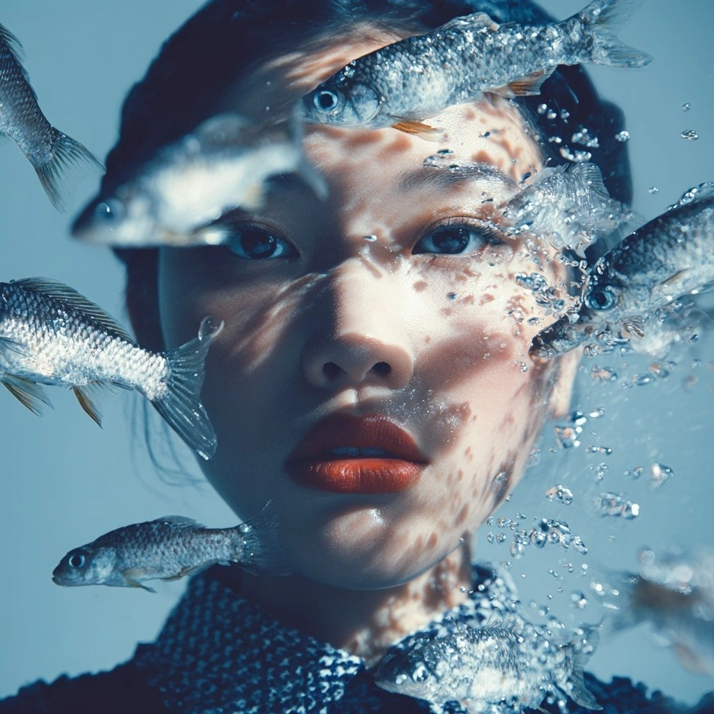 Женский портрет с рыбами в воде - 1