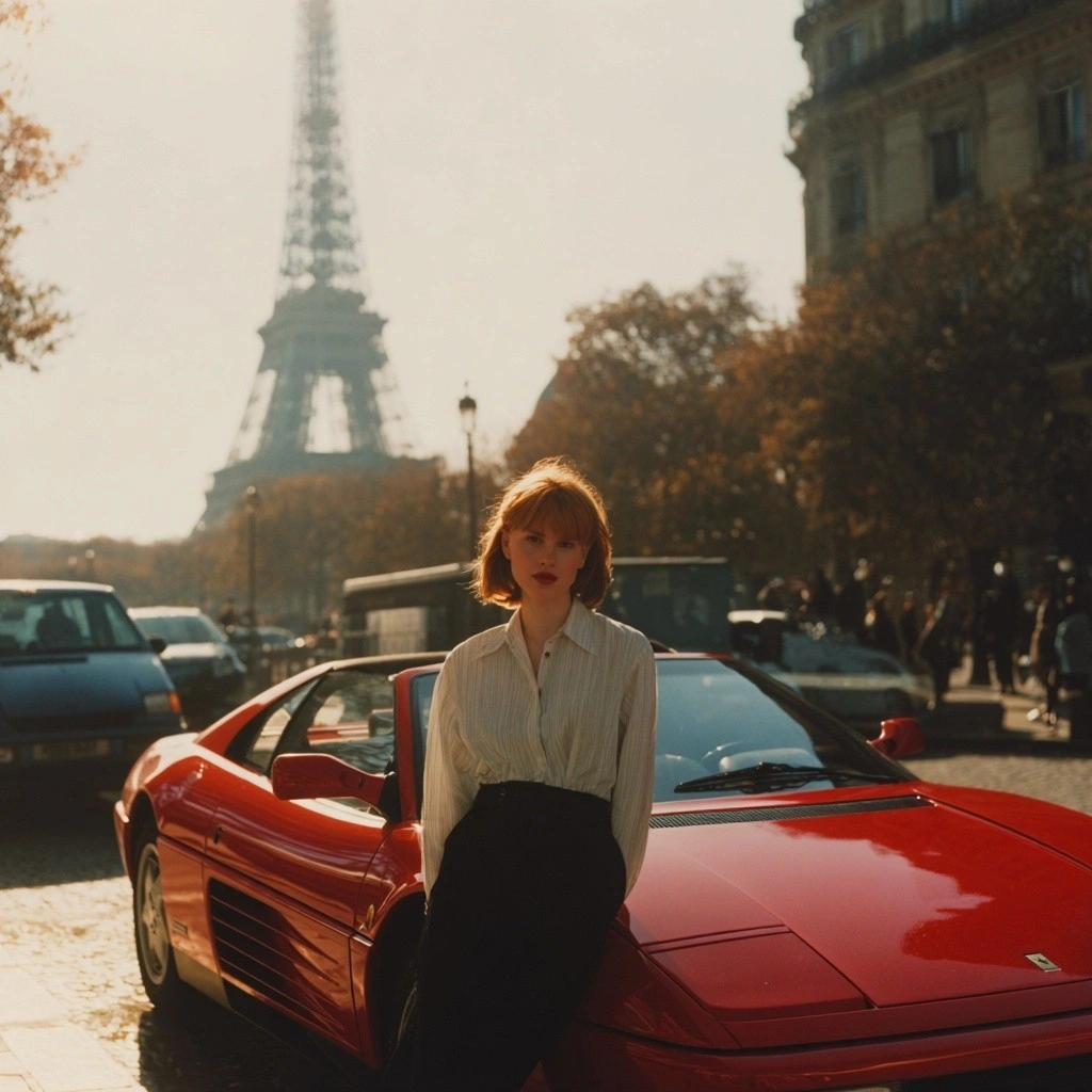 Элегантная девушка у красного спорткара в Париже - 1
