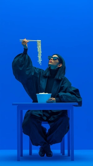 Стильная девушка с лапшой на фоне синего - 1