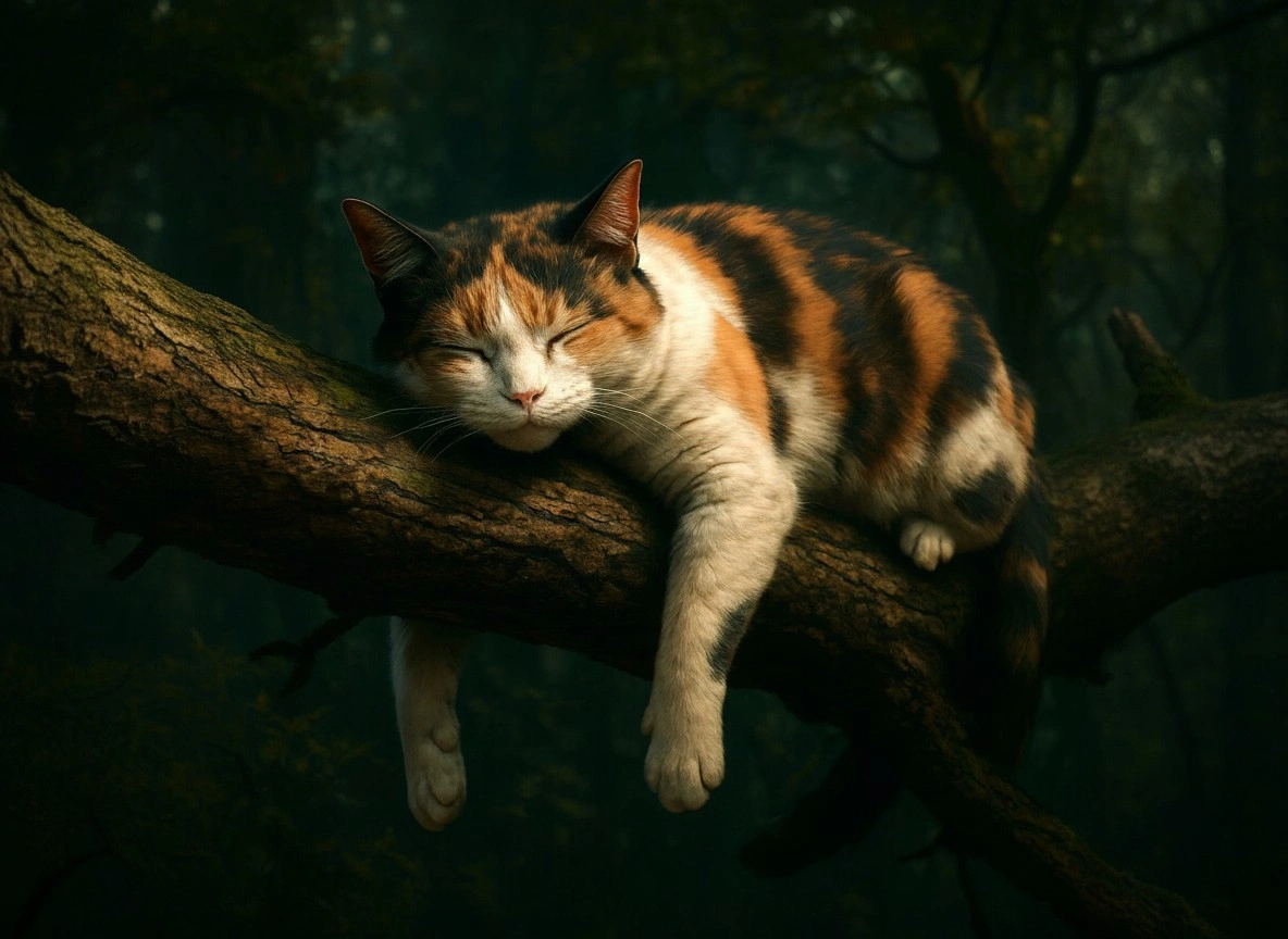 Котенок на ветке в лесу - 1