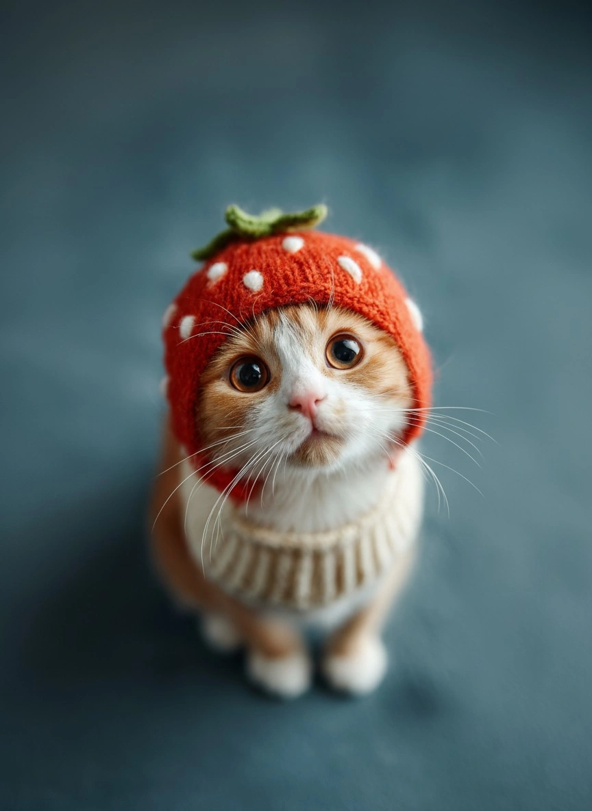 Очаровательный котенок в клубничной шапке - 1