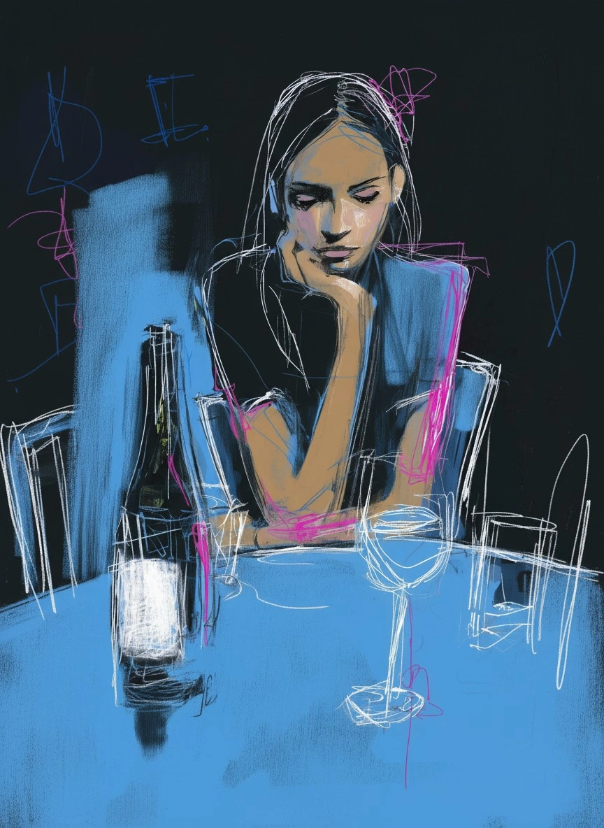 Грустная девушка за столом с вином - 1