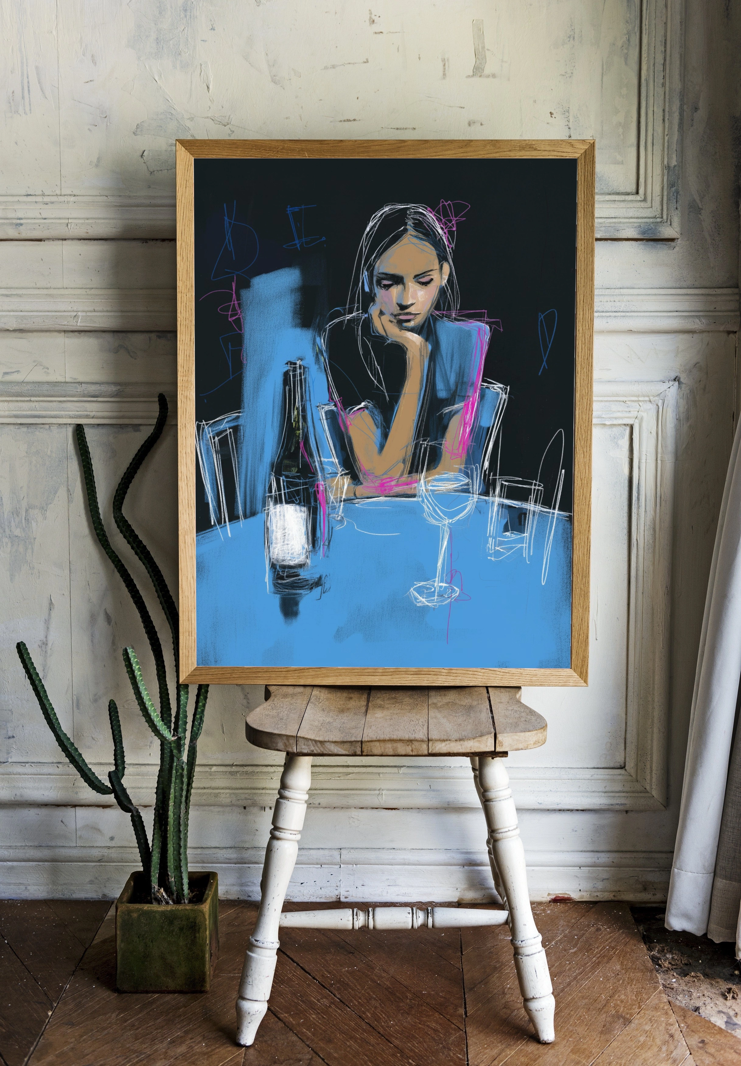 Грустная девушка за столом с вином - 2