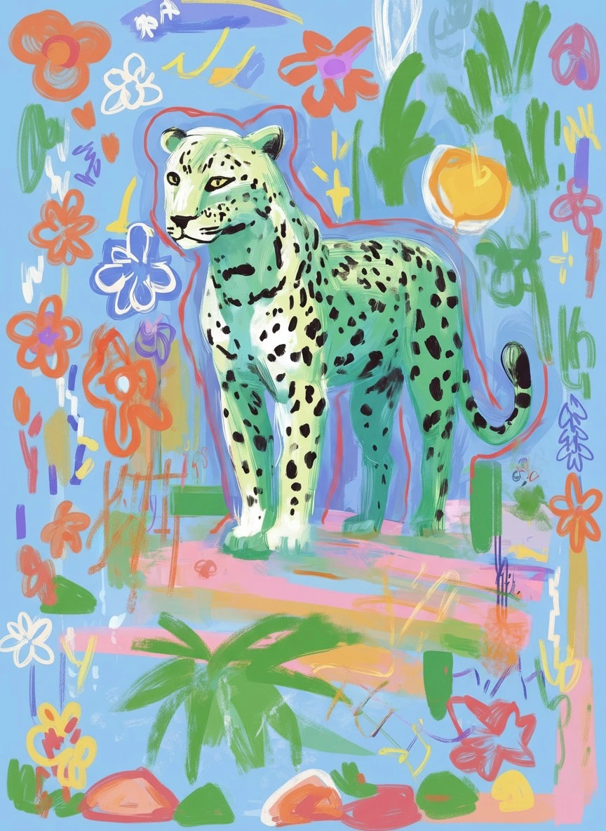 Яркий леопард на фоне цветущих растений - 1