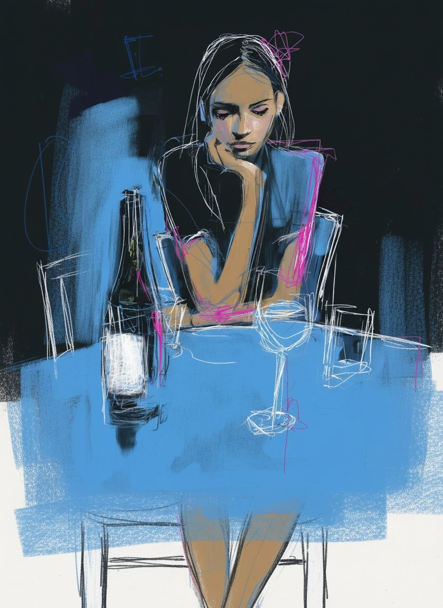 Грустная девушка за столом с вином - 1