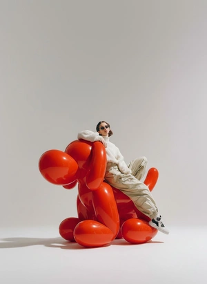 Яркий поп-арт с красным псом и стильной моделью - 1