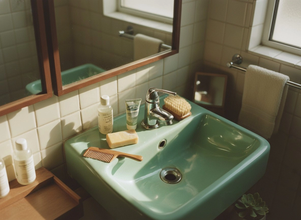 Уютная ванная с зелёной раковиной - 1