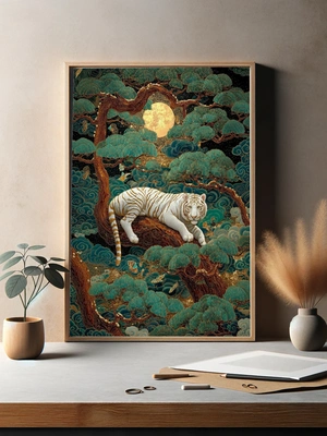Белый тигр на фоне луны и деревьев - 3