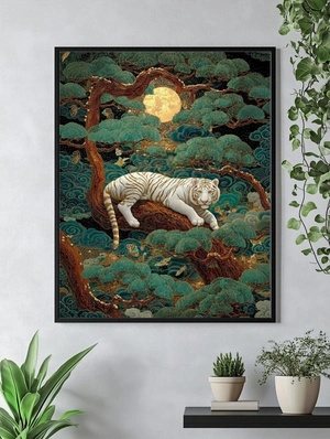 Белый тигр на фоне луны и деревьев - 5