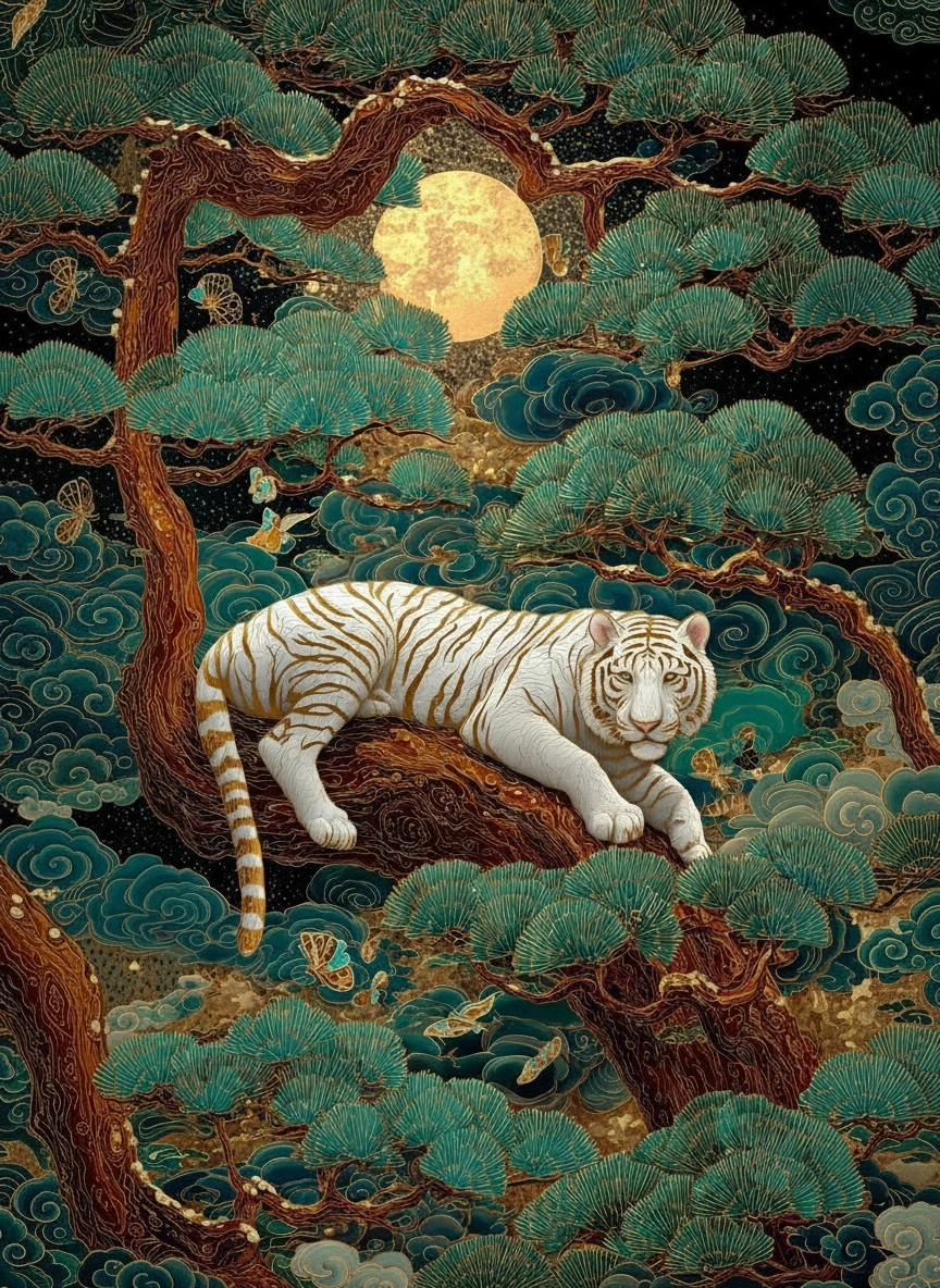Белый тигр на фоне луны и деревьев - 1