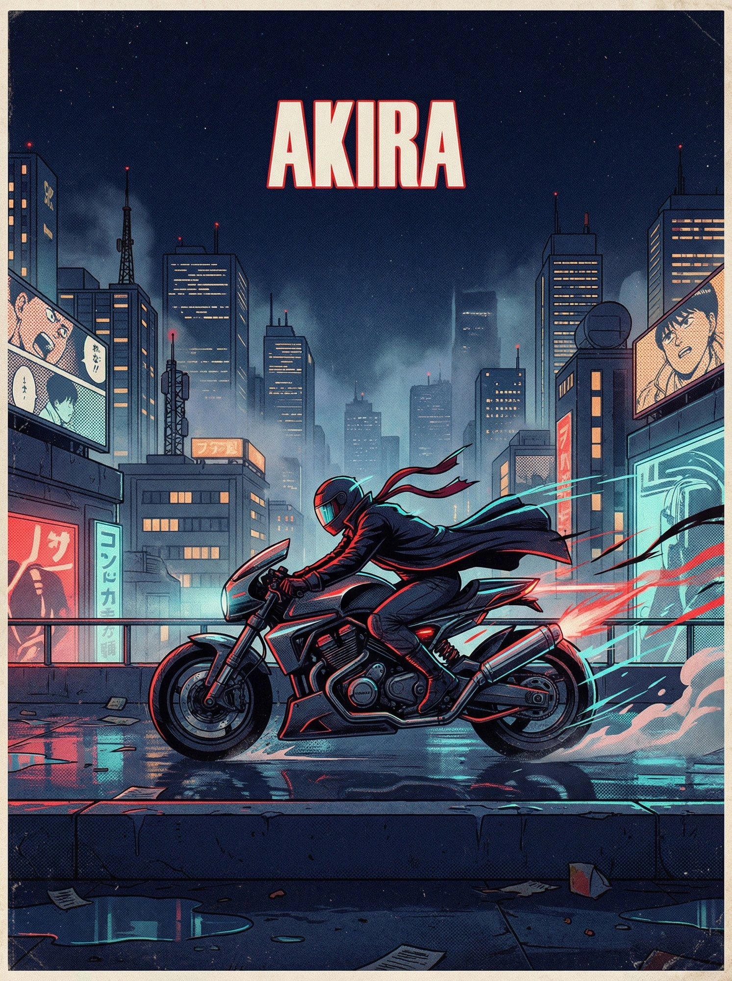 Киберпанковский мотоциклист в ночном городе - 1