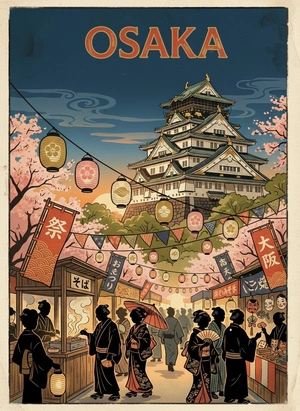 Яркий вечер в Осаке с традиционными фонарями - 1