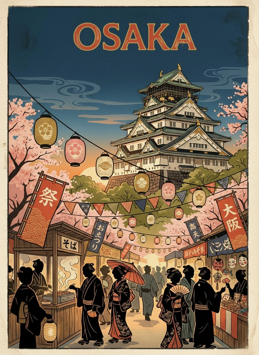 Яркий вечер в Осаке с традиционными фонарями - 1