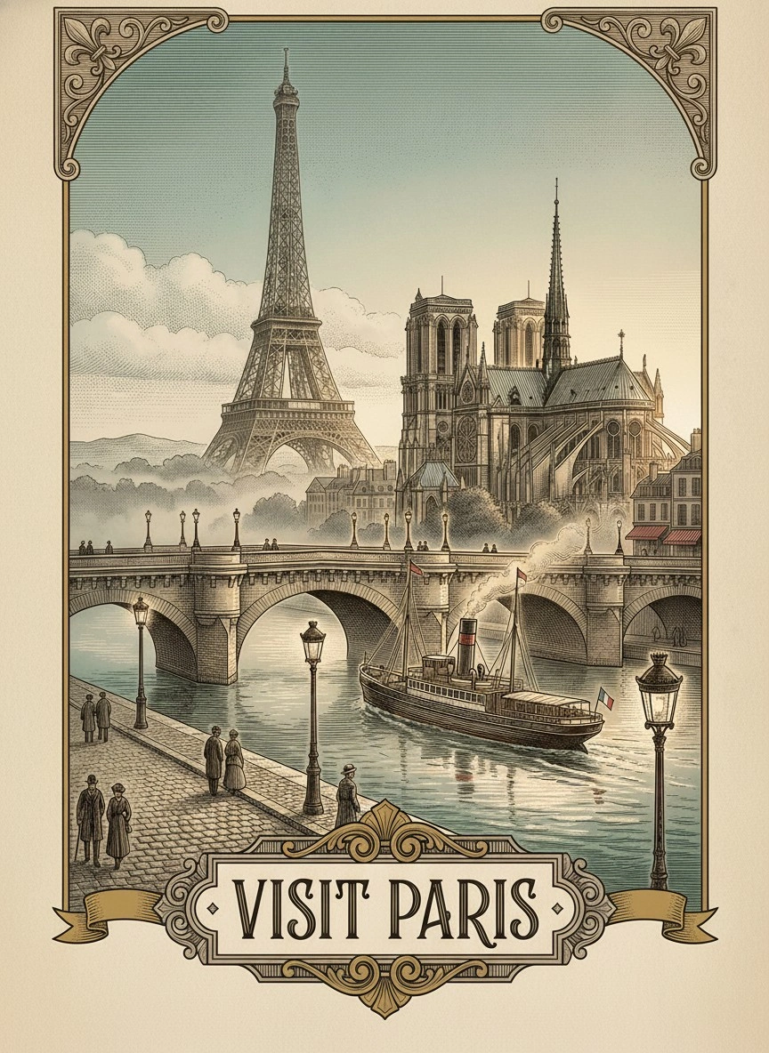 Винтажный Париж с Эйфелевой башней и Нотр-Дамом - 1