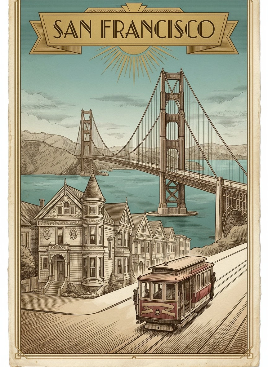 Винтажный постер Сан-Франциско с трамваем - 1