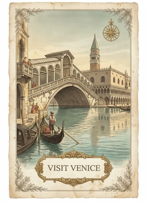 Винтажный постер Венеции с гондольером - 1