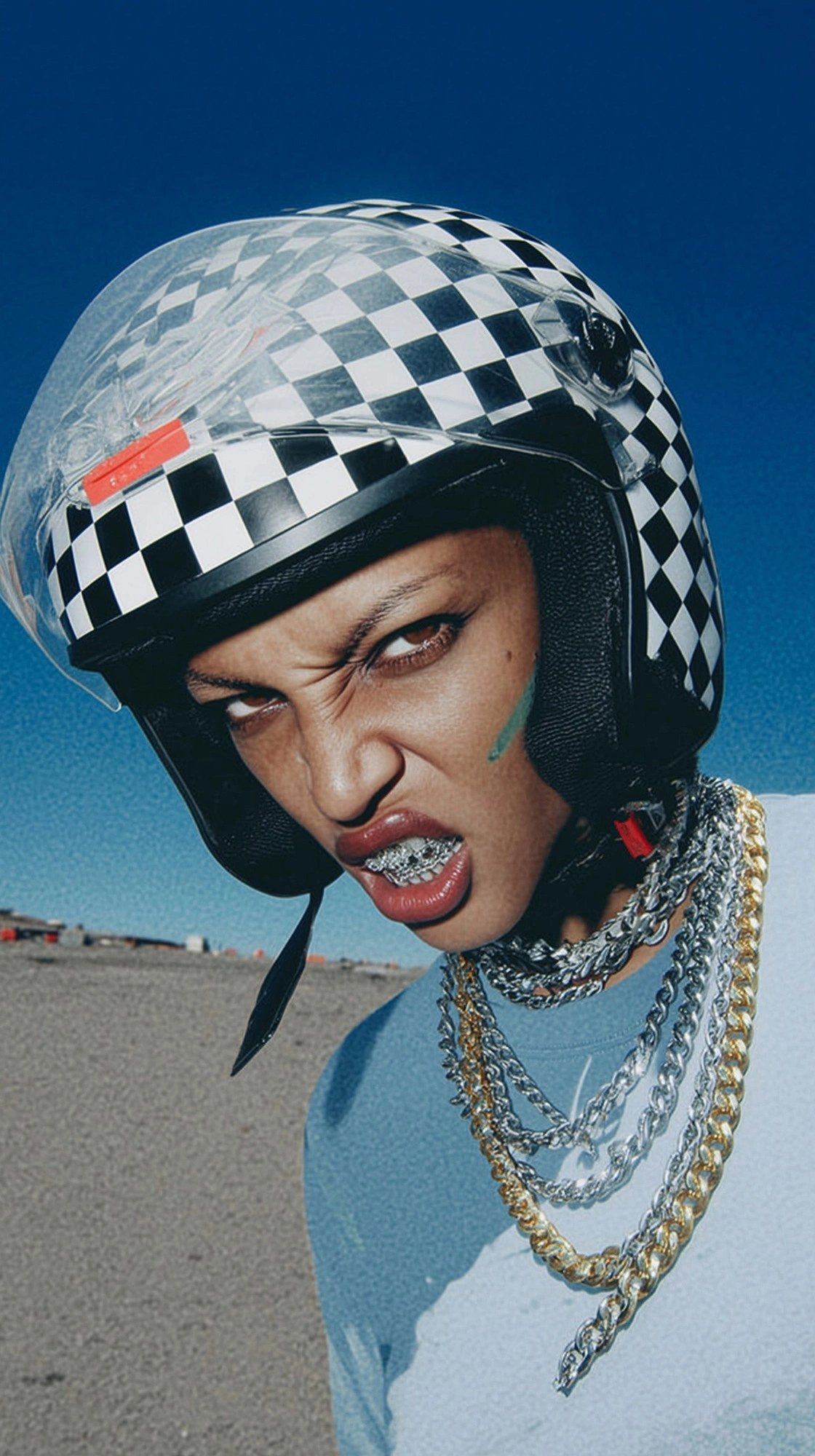 Стильный мотоциклист с цепями и шлемом - 1