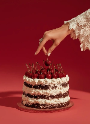 Шоколадный торт с вишнями на красном фоне - 1