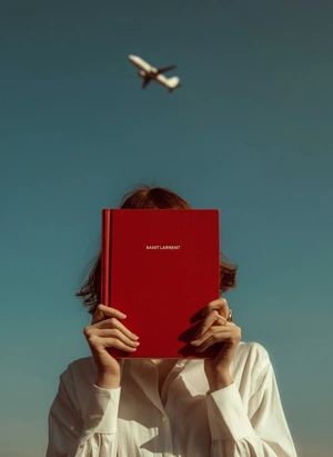 Стильная девушка с книгой на фоне самолета - 1