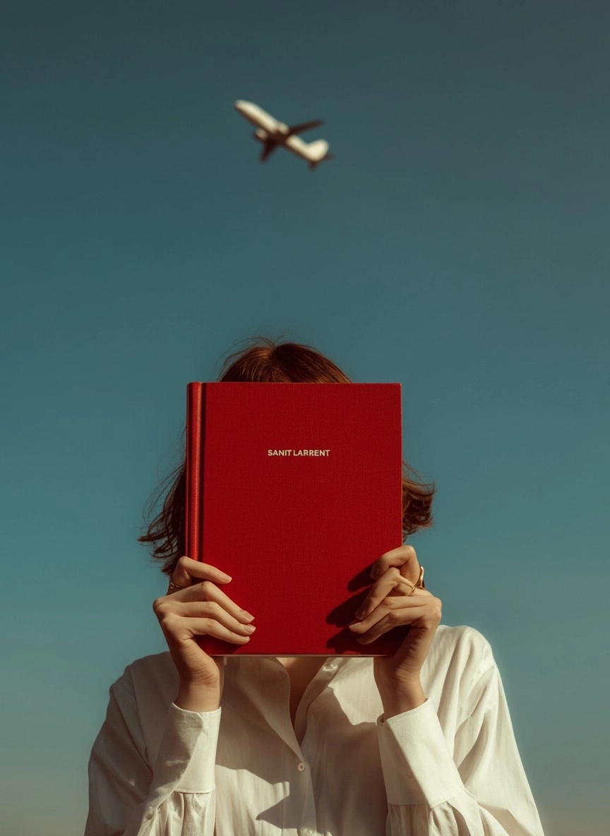 Стильная девушка с книгой на фоне самолета - 1