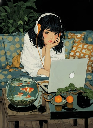 Девушка с золотыми рыбками и ноутбуком - 1