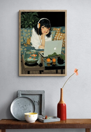 Девушка с золотыми рыбками и ноутбуком - 4