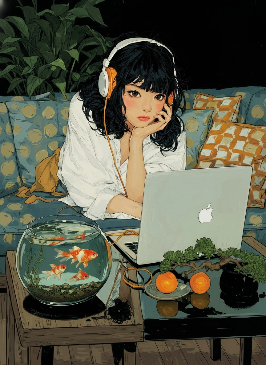 Девушка с золотыми рыбками и ноутбуком - 1