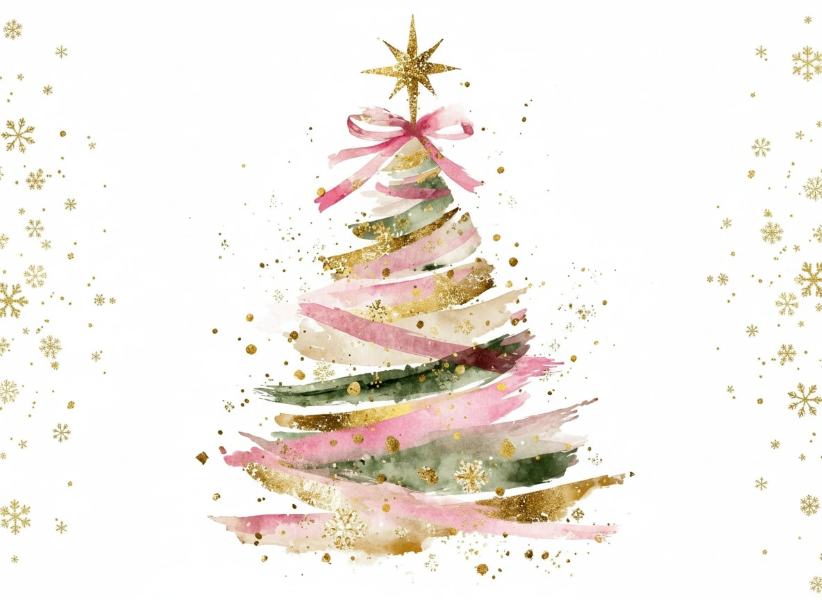 Акварельная рождественская елка с золотыми акцентами - 1