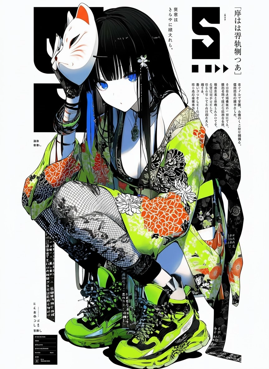 Японская девушка в ярком кимоно и маске - 1