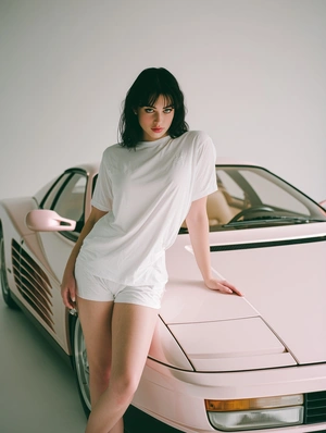 Элегантная девушка с розовым автомобилем - 1