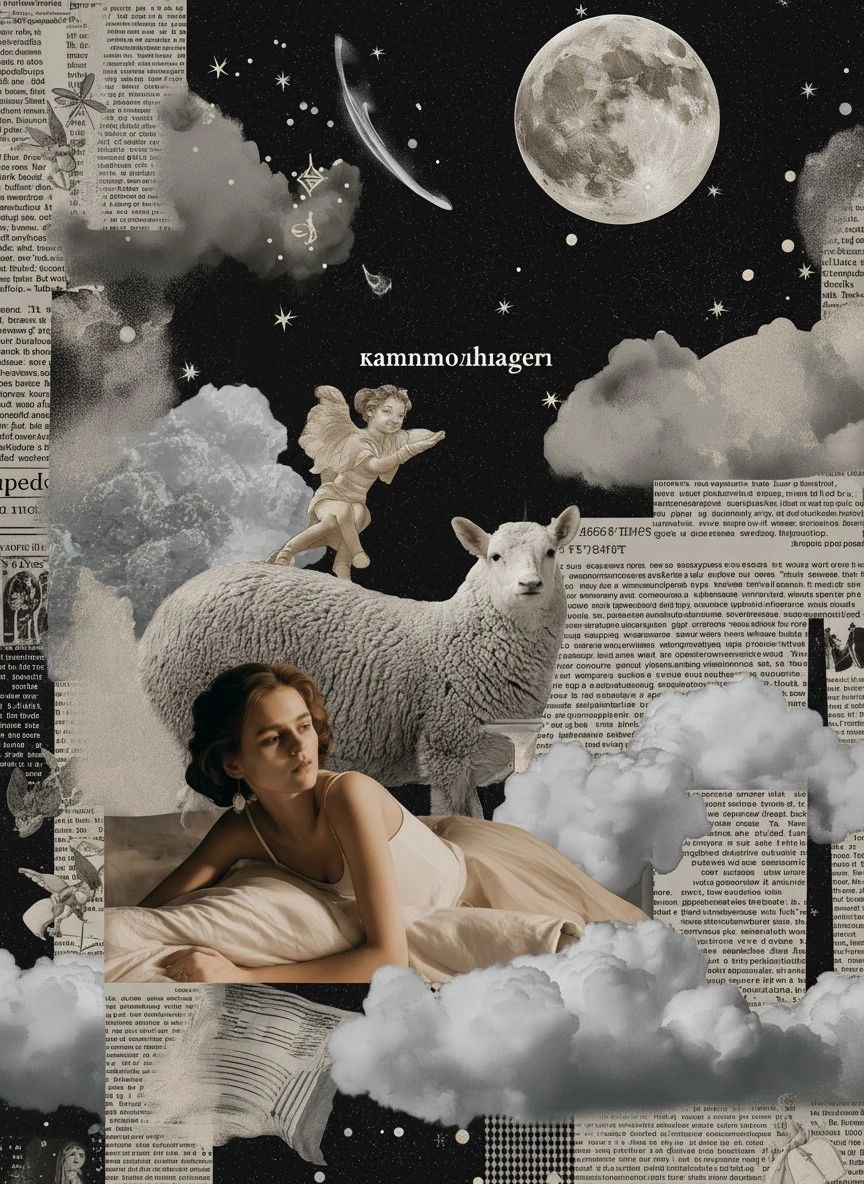 Сонная девушка с овцой и ангелом в облаках - 1