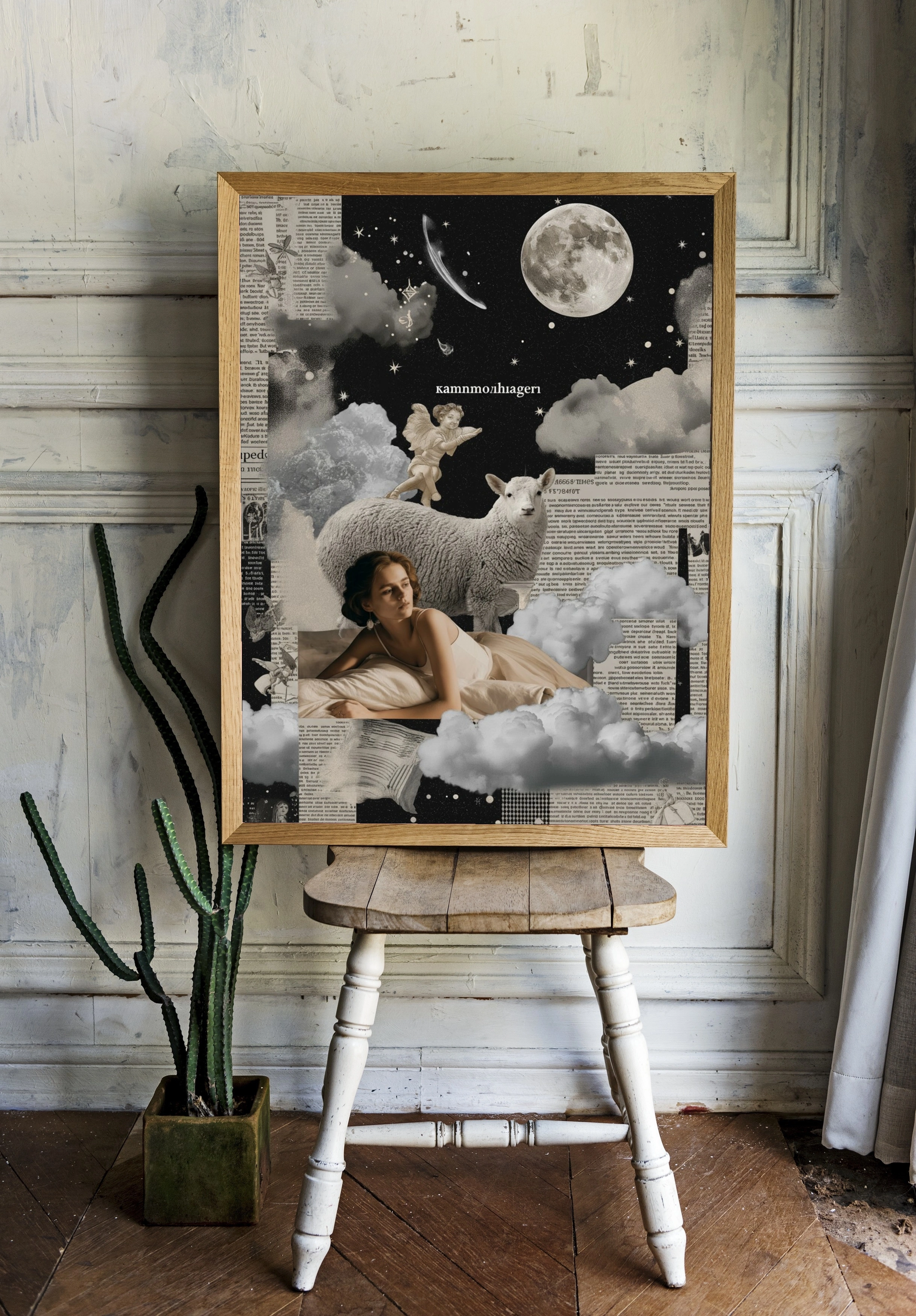 Сонная девушка с овцой и ангелом в облаках - 2