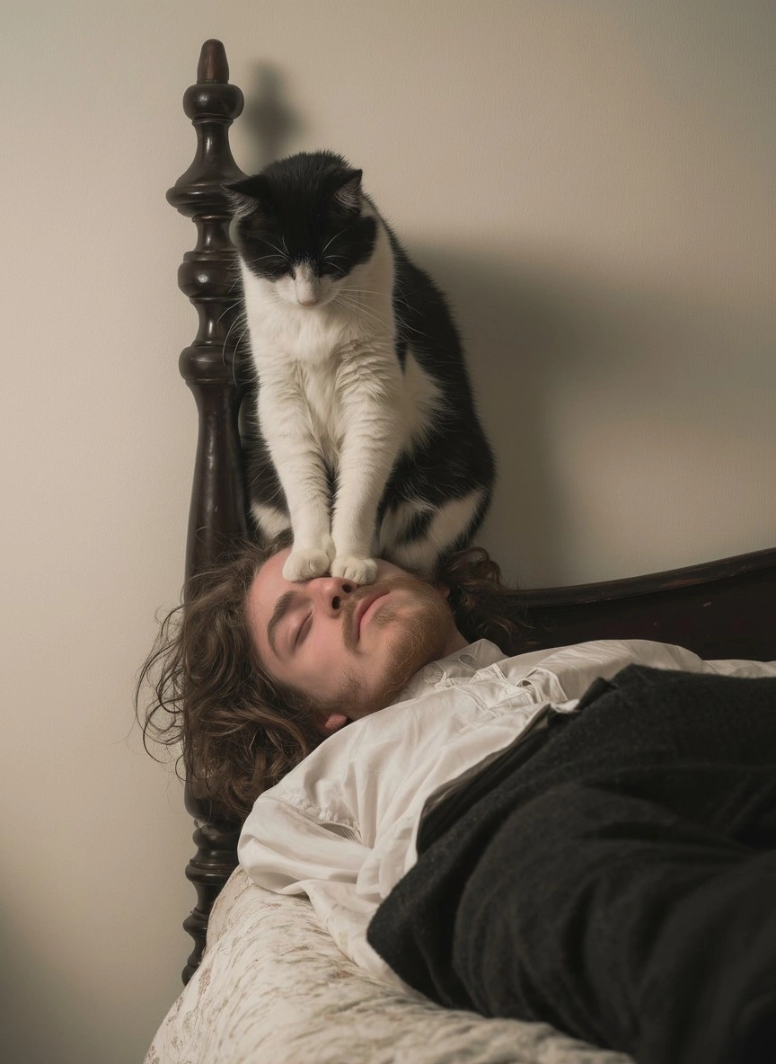 Кот на голове: забавный момент утреннего сна - 1