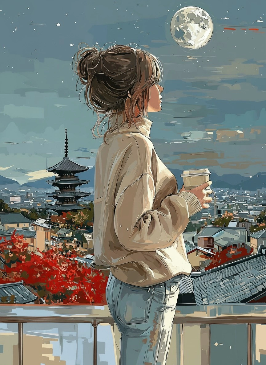 Девушка с кофе на фоне японского пейзажа - 1