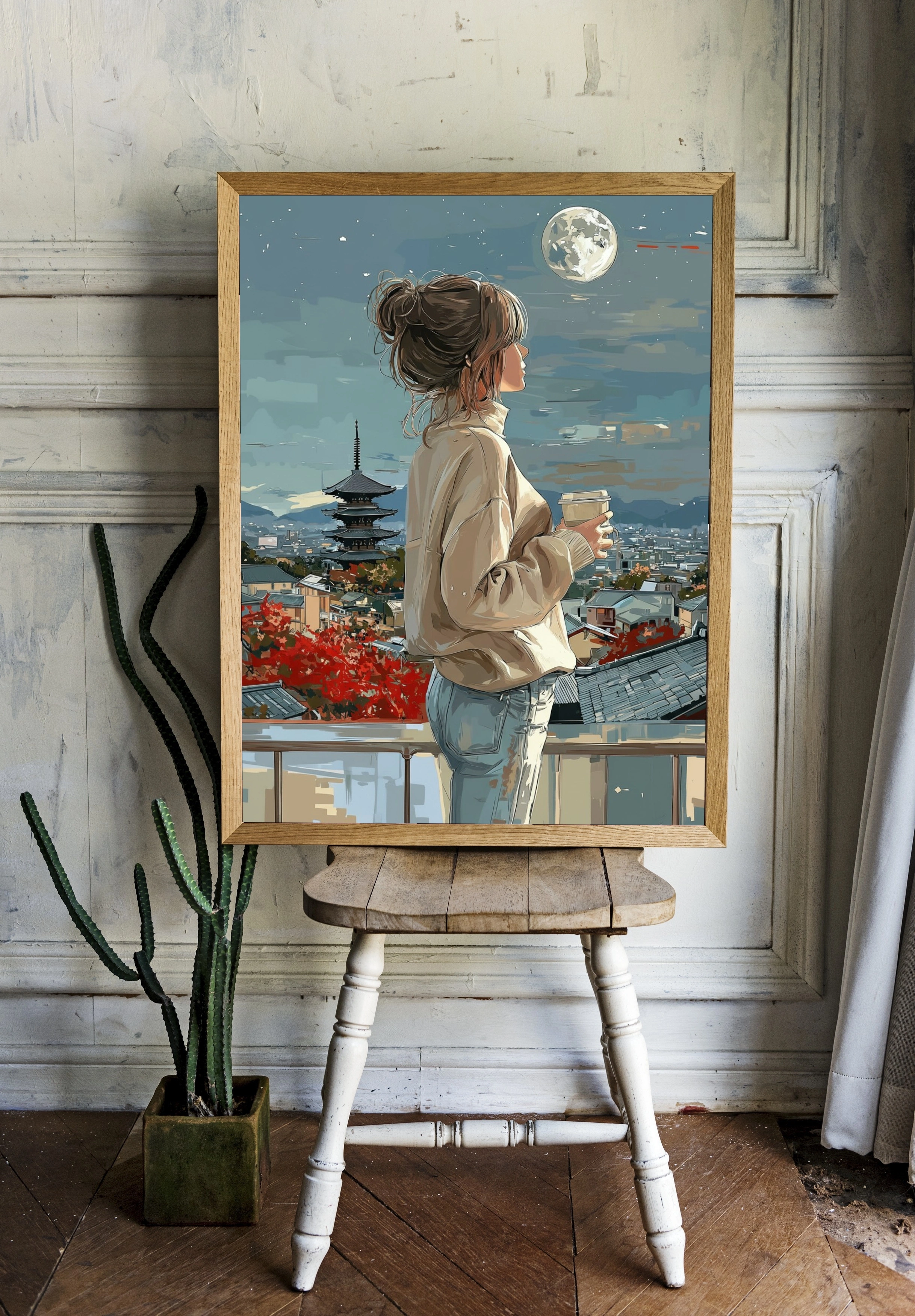 Девушка с кофе на фоне японского пейзажа - 2