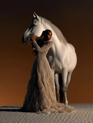 Элегантная женщина с белым конем на закате - 1