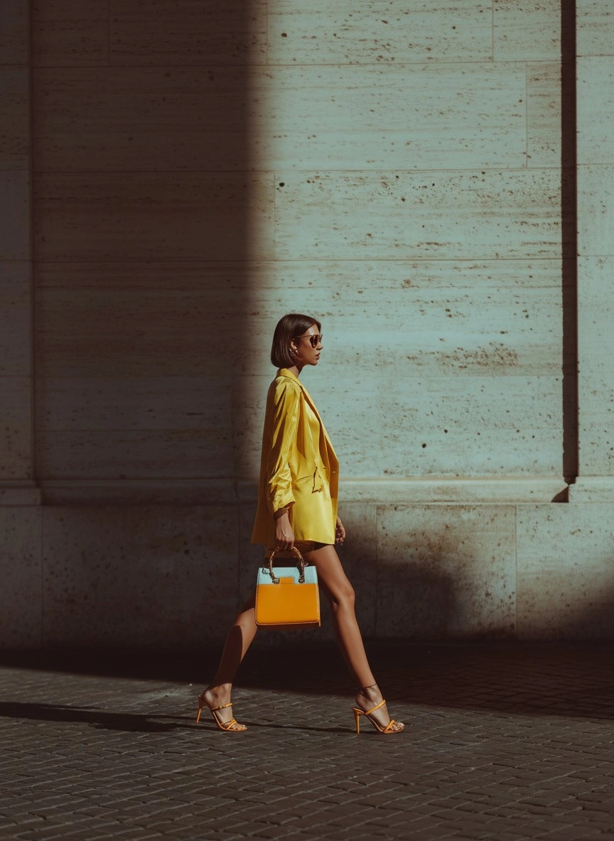 Яркая девушка в желтом на фоне городской архитектуры - 1