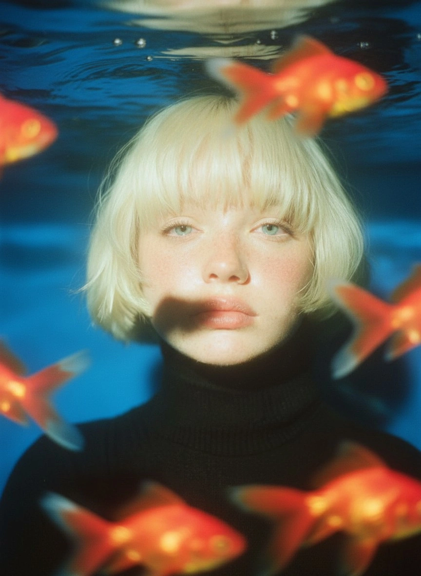 Девушка с золотыми рыбками под водой - 1