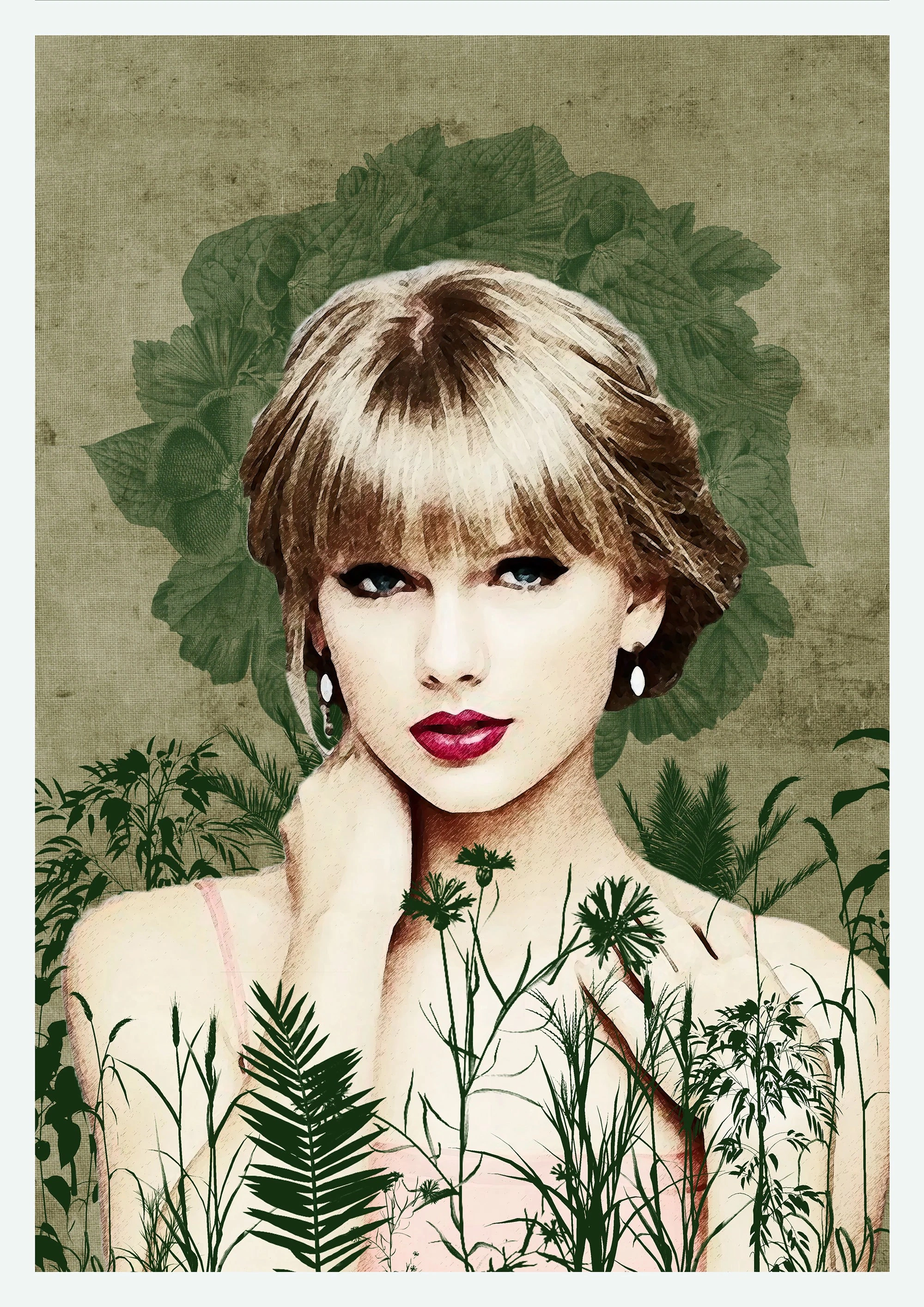 Taylor Swift с зелёными растениями и красной помадой - 1