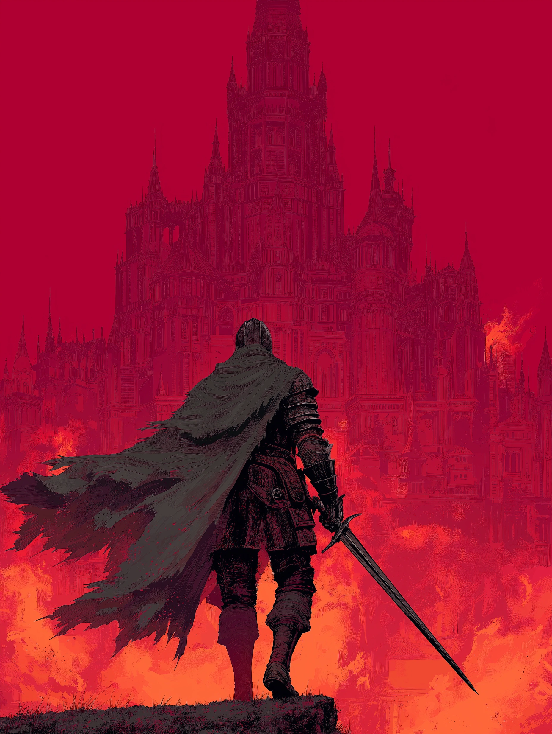 Dark Souls — Темный рыцарь на фоне горящего замка - 1