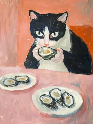 Черно-белый кот с устрицами - 1