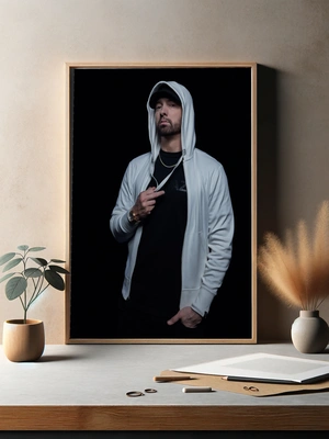 Eminem в белом капюшоне на черном фоне - 3