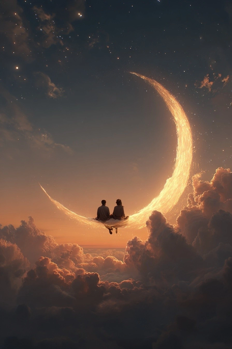 Романтическая пара на луне в облаках - 1